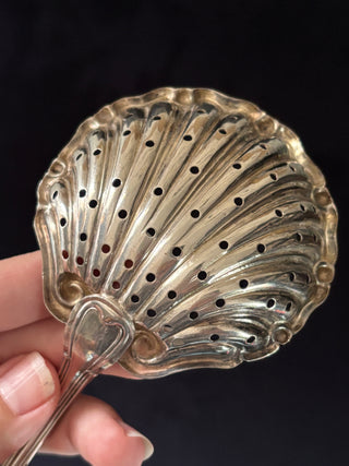 Nickel Silver Sugar Sifter Spoon With Pierced Scallop Shell
