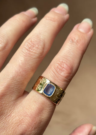 Engraved Wide Band Blue Sapphire Ring