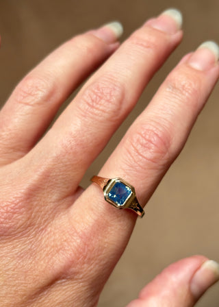 Blue Step Cut Sapphire Engraved Ring