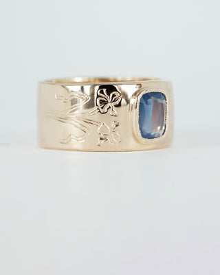 Engraved Wide Band Blue Sapphire Ring