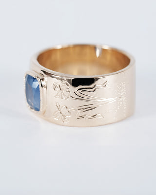 Engraved Wide Band Blue Sapphire Ring