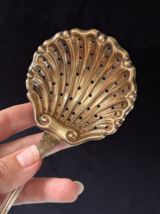 Nickel Silver Sugar Sifter Spoon With Pierced Scallop Shell