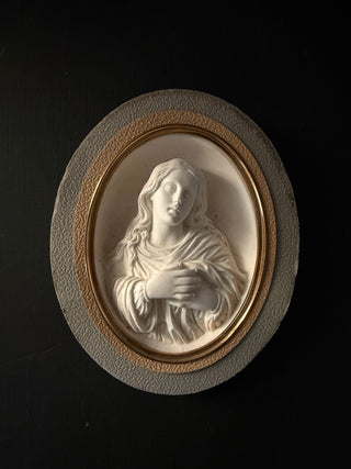 Antique Virgin Mary Oval Religious Relief Plaque In Clay (Meerschaum)