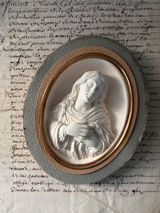 Antique Virgin Mary Oval Religious Relief Plaque In Clay (Meerschaum)