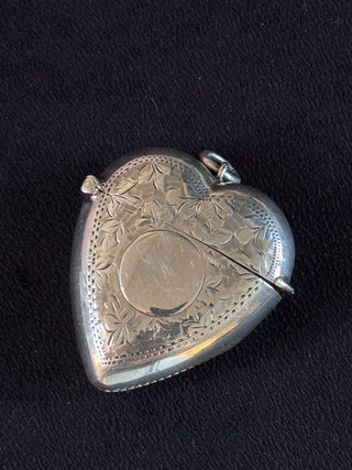 Fully Engraved Antique Silver Heart Shaped Vesta Case Match Locket