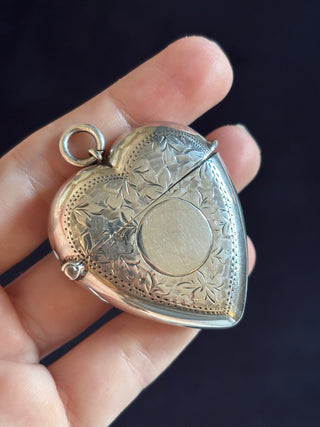 Fully Engraved Antique Silver Heart Shaped Vesta Case Match Locket