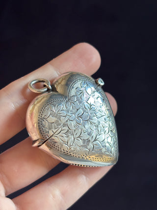 Fully Engraved Antique Silver Heart Shaped Vesta Case Match Locket