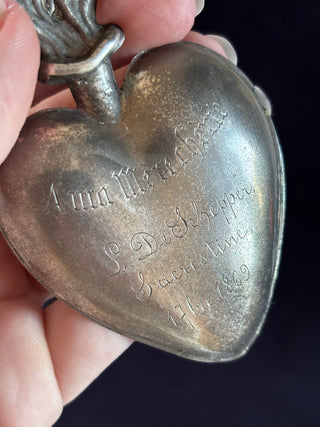 Engraved Antique Belgian Silver Heart Shaped Flaming Heart