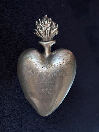 Engraved Antique Belgian Silver Heart Shaped Flaming Heart