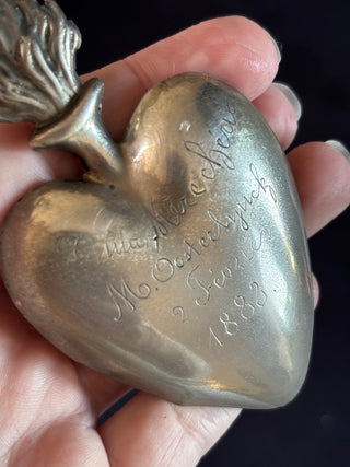 Engraved Antique Belgian Silver Heart Shaped Flaming Heart