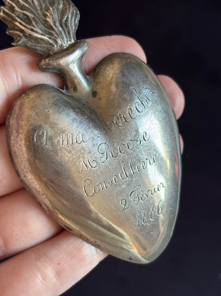 Engraved Antique Belgian Silver Heart Shaped Flaming Heart