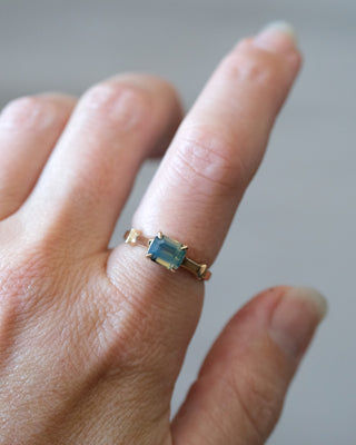 Opalescent Teal Green Emerald Cut Sapphire Ring