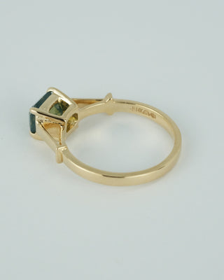 Opalescent Teal Green Emerald Cut Sapphire Ring