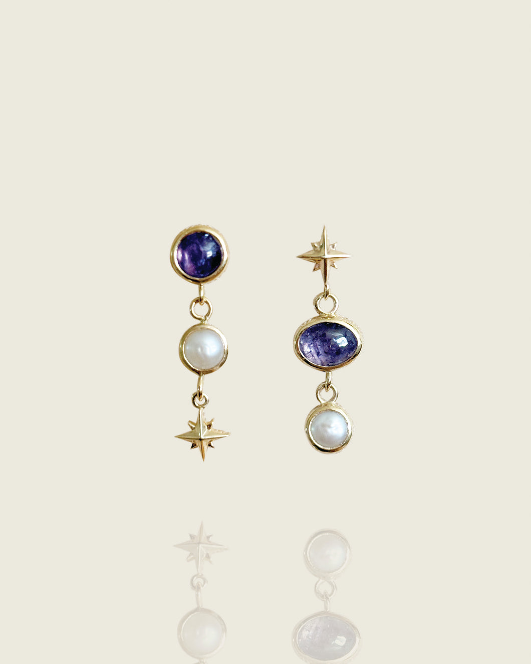 Mismatch Tanzanite and Pearl Star Stud Earrings