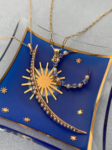 Antique Seed Pearl And Sapphire Crescent Moon Conversion Pendant