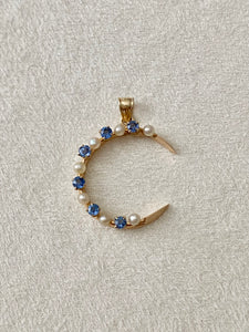 Antique Seed Pearl And Sapphire Crescent Moon Conversion Pendant
