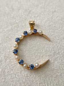 Antique Seed Pearl And Sapphire Crescent Moon Conversion Pendant