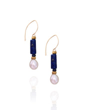 Load image into Gallery viewer, Lapis Lazuli, Pearl, and Sapphire Earrings
