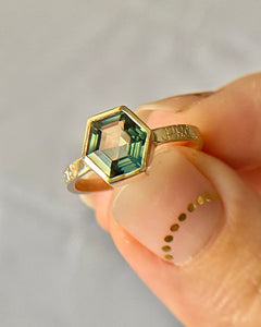 Teal Green Hexagon Sapphire Ring With Engraved Band